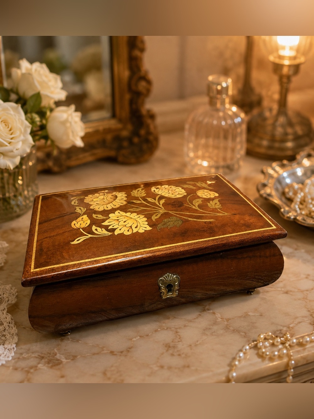 Vintage Reuge Swiss Made Floral Wood Marquetry Musical Jewelry Box